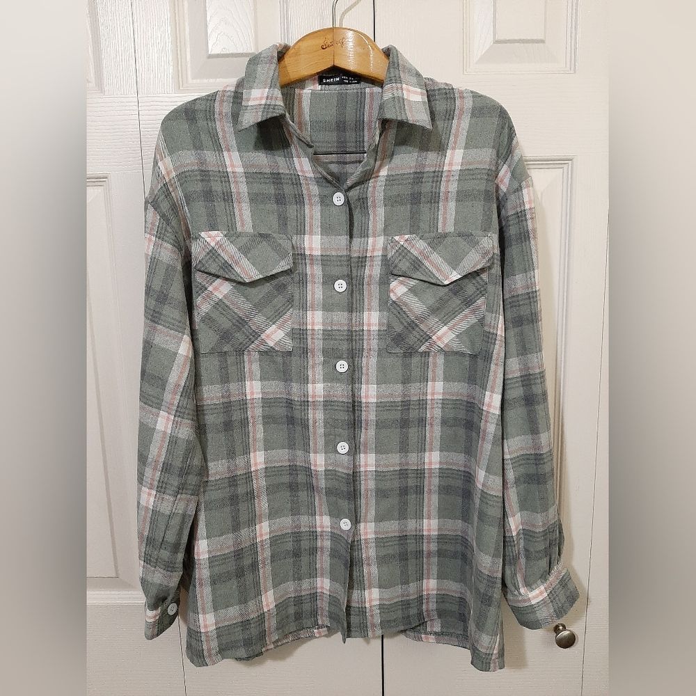SHEIN Flannel Shirt Women's M Sage Pink Plaid Long Sleeve Super Soft
